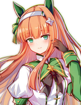 Rule 34 | 1girl, animal ears, black bow, black bowtie, black gloves, blue eyes, blunt bangs, bow, bowtie, closed mouth, commentary request, ear covers, gloves, hair ornament, hairband, hand up, highres, horse ears, horse girl, jacket, long hair, long sleeves, looking at viewer, orange hair, puffy sleeves, revision, silence suzuka (innocent silence) (umamusume), silence suzuka (umamusume), simple background, smile, solo, umamusume, upper body, white background, white jacket, zbobo