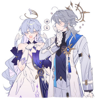 Rule 34 | 1boy, 1girl, ahoge, blue hair, blue jacket, blue vest, blush, bracelet, breasts, brother and sister, choker, closed eyes, closed mouth, collarbone, colored inner hair, commentary, cowboy shot, detached sleeves, dress, earrings, english commentary, feathered wings, gloves, gold earrings, hair between eyes, halo, halo behind head, hand on own chest, hand on own chin, hand up, head wings, highres, honkai: star rail, honkai (series), huge ahoge, jacket, jewel under eye, jewelry, long hair, majunjuu, medium breasts, multicolored hair, musical note, musical note ornament, open clothes, open jacket, open mouth, open vest, pants, pearl bracelet, pearl earrings, piercing, pink hair, purple choker, purple dress, purple pants, purple shirt, purple sleeves, ring, robin (honkai: star rail), shirt, short hair, short sleeves, siblings, sidelocks, simple background, single earring, smile, speech bubble, spoken musical note, standing, star (symbol), star earrings, strapless, strapless dress, sunday (honkai: star rail), tassel, teeth, two-tone dress, very long hair, vest, wavy hair, white background, white dress, white gloves, white vest, wing piercing, wings