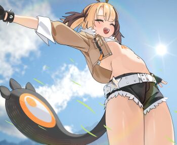 1girl :d ^_^ ahoge belt black_gloves black_tail blonde_hair blue_sky bracelet brown_hair closed_eyes cosplay cowboy_shot cropped_jacket denim denim_shorts fingerless_gloves flat_chest from_below fur-trimmed_jacket fur_trim gigi_murin gloves gurumie harley_(star_savior) harley_(star_savior)_(cosplay) highres hololive hololive_english jacket jewelry legs micro_shorts multicolored_hair navel open_clothes open_jacket open_mouth outstretched_arms pouch shorts sky smile spiked_bracelet spikes spread_arms standing star_(symbol) star_savior stomach sun tail teeth thighs three-quarter_sleeves twintails two-tone_hair upper_teeth_only virtual_youtuber white_belt