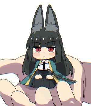 1girl 1other animal_ear_fluff animal_ears aqua_cape black_hair black_necktie black_skirt blunt_bangs blush cape chromatic_aberration fox_ears highres hinghoi hoshimi_miyabi katana kneeling long_hair looking_at_viewer mini_person minigirl necktie red_eyes scabbard sheath sheathed shirt simple_background sitting skirt strap sword very_long_hair weapon white_background white_shirt zenless_zone_zero
