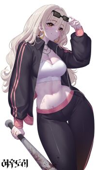 1girl absurdres baseball_bat black_jacket black_pants blonde_hair blood blood_on_clothes blood_on_hands blood_stain breasts character_request cleavage closed_mouth collarbone collared_jacket commentary_request copyright_request covered_groin crop_top cross cross_necklace earrings hair_intakes highres holding holding_baseball_bat hoop_earrings jacket jewelry korean_commentary korean_text large_breasts long_hair looking_ahead midriff navel necklace orange_trim panties pants simple_background smile sportswear standing sunglasses thighs track_jacket track_pants underwear unzipped very_long_hair virtual_youtuber white_background yellow_eyes yeon_do_e
