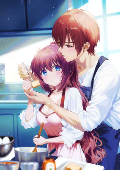 1boy 1girl a-chan_(little_busters!) absurdres alternate_costume apron blue_apron blue_eyes blush breasts brown_eyes brown_hair cleavage closed_mouth collared_shirt commentary_request cooking couple day eyelashes fingernails fork from_behind grabbing_from_behind hair_between_eyes half_updo hands_up hetero highres holding holding_fork indoors kitchen large_breasts little_busters! long_hair long_sleeves looking_at_another looking_at_food miiizuno_lbs natsume_kyousuke parted_lips pink_apron puffy_long_sleeves puffy_sleeves shirt short_hair sleeves_rolled_up standing straight_hair tareme tsurime very_long_hair wavy_hair white_shirt window