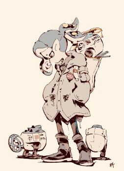1girl aozukikawasemi backpack badge bag black_boots black_legwear boots coat full_body highres inkling inkling_(language) inkling_boy inkling_player_character looking_down machine nintendo sad simple_background solo splatoon_(series) splatoon_2 standing tentacle_hair white_background white_coat