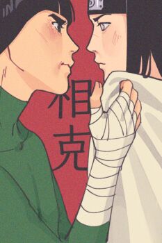 2boys black_eyes black_hair black_headband bowl_cut clothes_grab commentary english_commentary expressionless eye_contact forehead_protector grabbing_another's_shirt hand_wraps headband hyuuga_neji il1023il looking_at_another male_focus multiple_boys naruto_(classic) naruto_(series) purple_eyes rock_lee serious thick_eyebrows turtleneck