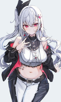 1girl :d absurdres black_bow black_jacket black_pants bow breasts cropped_shirt double-parted_bangs earclip grey_hair grin haidollo hair_bow highres hololive hololive_dev_is isaki_riona jacket large_breasts long_hair looking_at_viewer midriff off_shoulder one_side_up open_mouth pants red_eyes shirt sidelocks simple_background sleeveless sleeveless_shirt smile solo two-tone_pants v virtual_youtuber white_background white_pants white_shirt