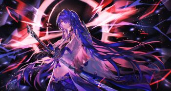 Rule 34 | 1girl, acheron (honkai: star rail), black bra, black gloves, black hole, black shorts, bra, breasts, chain, chain around arm, closed mouth, commentary request, cowboy shot, drawing sword, elbow gloves, gloves, hair ornament, highres, holding, holding sword, holding weapon, honkai: star rail, honkai (series), jacket, katana, long hair, looking at viewer, medium breasts, navel, purple hair, red eyes, sheath, shorts, single bare shoulder, single elbow glove, solo, stomach, sword, theazureciel, underwear, unsheathing, weapon, white jacket