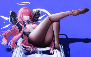 1girl arknights arms_behind_head black_jacket black_pantyhose breasts commentary detached_wings energy_wings halo jacket large_variant_set lemuen_(arknights) long_hair long_sleeves looking_at_viewer medium_breasts nipples open_clothes open_jacket panties pantyhose pink_eyes pink_hair purple_background reclining shadow simple_background smile soles solo underwear variant_set wheelchair white_halo white_wings wings yuuki_mix