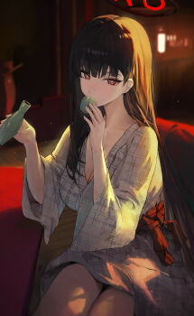1girl absurdres alternate_costume black_hair black_halo blue_archive bottle breasts bright_pupils chinese_commentary cleavage commentary_request cup drinking_glass halo highres holding holding_cup indoors japanese_clothes jianjia kimono large_breasts long_hair looking_at_viewer multicolored_halo print_kimono red_eyes revision ringed_eyes rio_(blue_archive) sakazuki sake_bottle sitting solo two-tone_halo white_pupils yukata
