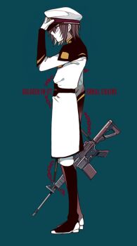 1boy belt black_boots boots brown_hair coat english_text from_side full_body gloves gun gundam gundam_seed hat holding holding_gun holding_weapon kira_yamato knee_boots male_focus military_hat military_uniform pants purple_eyes rifle seed0x0 short_hair simple_background sleeve_cuffs solo weapon white_coat white_gloves white_hat white_pants
