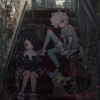 2boys :&lt; ahoge allister_(pokemon) bede_(pokemon) black_hair black_jacket black_shorts blue_leggings blue_shoes closed_mouth collared_shirt commentary_request curly_hair flower full_body gen_7_pokemon gloves highres holding holding_mask horimhkw11 indoors jacket leggings looking_at_viewer male_focus mask mimikyu multiple_boys nintendo pink_shirt poke_ball poke_ball_(basic) pokemon pokemon_(creature) pokemon_swsh purple_eyes purple_flower red_flower shirt shoes short_hair shorts single_glove sitting stairs undershirt white_shorts