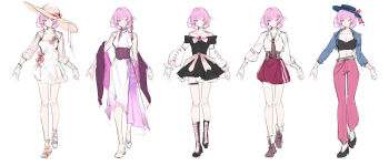 1girl absurdres alternate_costume artist_collaboration bare_shoulders black_dress blue_eyes blue_hat breasts brown_hat cleavage commentary crop_top denim denim_jacket dress elysia_(honkai_impact) english_commentary hat highres honkai_(series) honkai_impact_3rd jacket large_breasts long_hair looking_at_viewer multiple_views pants pink_jacket pink_pants pink_skirt pointy_ears reference_sheet sang_sha shirt simple_background sketch skirt sun_hat very_long_hair white_background white_dress white_shirt zelian