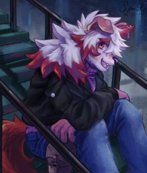 1boy animal_ears arknights arms_on_knees black_jacket commentary crying crying_with_eyes_open dated denim english_commentary estelaris fangs furry furry_male hat highres holding holding_unworn_clothes holding_unworn_hat horns hung_(arknights) jacket jeans looking_at_viewer male_focus multicolored_hair mythological_creature official_alternate_costume open_mouth pants pink_sweater signature single_horn sitting sitting_on_stairs smile stairs streaming_tears sweater tail tears turtleneck turtleneck_sweater unworn_hat unworn_headwear