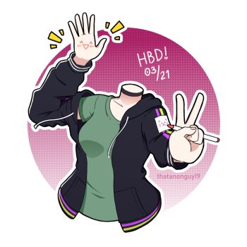 :3 :d ^_^ black_choker black_jacket breasts choker circle closed_eyes drawn_whiskers dullahan expressive_object green_shirt headless hood hoodie jacket marker nanohara_touko note notice_lines open_mouth original paper pink_background shirt signature small_breasts smile striped_clothes striped_hoodie uehara_jackie upper_body v waving