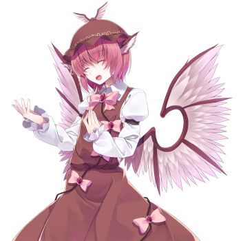 Rule 34 | 1girl, animal ear piercing, animal ears, bird ears, bird wings, bow, bowtie, brown dress, brown hat, closed eyes, collared shirt, commentary request, cowboy shot, crote, dress, dress bow, earrings, feathered wings, frilled sleeves, frills, hands up, hat, highres, jewelry, large variant set, long dress, long sleeves, mob cap, mystia lorelei, open mouth, pinafore dress, pink bow, pink bowtie, pink hair, shirt, short hair, single earring, sleeveless, sleeveless dress, solo, standing, tachi-e, teeth, touhou, transparent background, upper teeth only, variant set, white shirt, wings