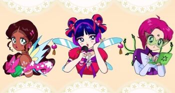 1990s_(style) 3girls :o ahoge aisha_(winx_club) aqua_eyes armlet asian asymmetrical_hair bad_id bad_twitter_id bare_arms bare_shoulders bishoujo_senshi_sailor_moon black_eyes blue_bow blue_bowtie blue_gloves blue_hair blue_nails blue_wings blunt_bangs bow bowtie brooch cable choker collarbone commentary cropped_torso dark-skinned_female dark_skin determined double_bun dress earrings elbow_gloves english_commentary eyelashes eyeshadow fairy fairy_wings faux_retro_artstyle fingerless_gloves gleam gloves green-tinted_eyewear green_shirt hair_bun hair_ornament hairclip hand_on_headphones happy headphones holding holding_microphone holding_tablet_pc honeymoonpetal jewelry lace_background light_blush lipstick long_hair looking_at_object magical_girl makeup microphone multicolored_hair multiple_girls musa_(winx_club) music musical_note_brooch nail_polish open_mouth parody parted_bangs parted_lips pink_bow pink_bowtie pink_eyeshadow pink_hair pink_lips pixie_cut puffy_short_sleeves puffy_sleeves purple_bow purple_bowtie purple_choker purple_dress red_dress red_hair retro_artstyle shirt short_sleeves singing smile sparkle strapless strapless_shirt streaked_hair style_parody sunglasses tablet_pc tareme tassel tecna_(winx_club) tinted_eyewear treble_clef triangle_cutout triangle_earrings triangular_eyewear tsurime turtleneck turtleneck_dress two-tone_hair very_dark_skin very_long_hair wind_chime wings winx_club yellow_background