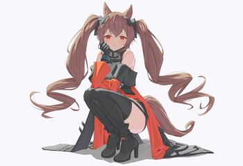 1girl :3 angelina_(arknights) animal_ears arknights arknights:_endfield bare_shoulders belt black_boots black_gloves black_thighhighs boots bracelet brown_hair clothes_down coat commentary diamond-shaped_pupils diamond_(shape) dot_nose dress elbow_gloves fold-over_boots fox_ears fox_girl fox_tail gilberta_(arknights) gloves grey_dress hand_on_own_face headpiece high_belt high_collar high_heel_boots high_heels highres infection_monitor_(arknights) jewelry light_blush long_hair long_sleeves looking_at_viewer open_clothes open_coat red_coat red_eyes short_dress simple_background solo squatting symbol-shaped_pupils tail thighhighs twintails vulphree white_background zettai_ryouiki