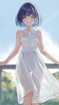 1girl against_railing blush bob_cut breasts collared_dress commentary_request dress feet_out_of_frame gakuen_idolmaster hataya_misuzu idolmaster looking_at_viewer nannacy7 outdoors railing see-through_clothes see-through_dress see-through_silhouette short_hair sleeveless sleeveless_dress small_breasts smile solo white_dress