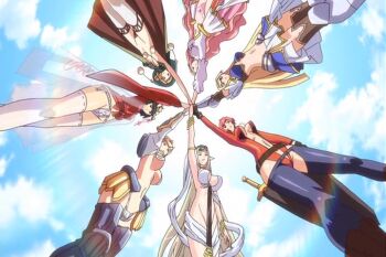 6+girls alicia_arctours anime_screenshot armor armored_boots black_hair blonde_hair blue_sky boots breasts celestine_lucullus claudia_levantine cleavage cloak cloud elf female_focus female_knight fist_bump from_below gauntlets halfling kaguya_(kuroinu) kuroinu_~kedakaki_seijo_wa_hakudaku_ni_somaru~ leotard long_hair maia_(kuroinu) multiple_girls orange_hair panties pink_hair pointy_ears prim_fiorire princess red_hair revealing_armor revealing_clothes ruu_ruu short_hair skirt sky sword thighhighs under_shot underboob underwear weapon