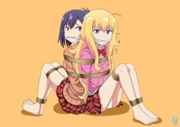 2girls absurdres ahoge arms_behind_back barefoot bdsm bondage bound bound_together cleave_gag cloth_gag feet female_focus full_body gabriel_dropout gabriel_tenma_white gag gagged highres improvised_gag long_hair looking_at_viewer multiple_girls panties pink_sweater rope school_uniform short_hair simple_background skirt sweater bound_together toenails toes underwear vakaosciosa vignette_tsukinose_april white_panties