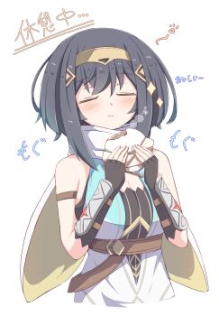 1girl :t amber_(stella_sora) bare_shoulders black_hair breasts cleavage closed_eyes commentary_request eating facing_viewer food hairband hanehituzi4410 highres holding holding_food simple_background sleeveless solo sparkle steamed_bun stella_sora translation_request upper_body white_background