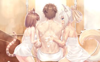 1boy 2girls :&lt; :d age_difference ahoge alternate_hairstyle animal_ear_fluff animal_ears azuki_(nekopara) bathhouse bathing bathing_another bathing_together bathroom blonde_hair blue_eyes blush body_soaping breasts brown_eyes brown_hair cat_ears cat_girl cat_tail closed_mouth coconut_(nekopara) from_behind game_cg hair_down hair_up highres indoors interspecies kneeling large_breasts long_hair matching_hair/eyes minazuki_kashou mixed-sex_bathing multicolored_hair multiple_girls naked_towel nekopara open_mouth sayori_(neko_works) shared_bathing short_hair shoulder_blades silver_hair sitting slit_pupils small_breasts smile soap soapy striped_tail tail tan towel two-tone_hair washing washing_another washing_back wet
