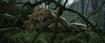 1girl animal_ears black_claws brown_fur brown_hair claws forest full_body furry geosaiko1267 glowing glowing_eyes highres kuon_(knifedragon) long_hair looking_at_viewer moss mythological_creature nature nude orange_hair original plant scar scar_across_eye scar_on_face snout solo tail tree werewolf wolf_ears wolf_tail