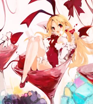 1girl alcohol blonde_hair bow cup demon_girl demon_tail demon_wings disgaea flat_chest flonne flonne_(fallen_angel) food fruit grapes high_heels highres holding holding_cup in_container in_cup leotard long_hair looking_at_viewer open_mouth pointy_ears red_bow red_eyes red_leotard red_ribbon red_wings ribbon sketch smile solo tail tail_bow tail_ornament thighhighs tsutsugano white_thighhighs wine wings