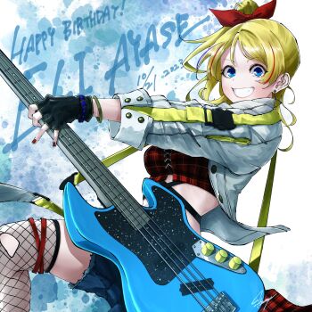 1girl ayase_eli birthday black_gloves blonde_hair blue_eyes blush bracelet breasts character_name commentary_request dated earrings electric_guitar english_text fingerless_gloves fishnet_thighhighs fishnets gloves grin guitar hair_ribbon halpng happy_birthday high_ponytail highres holding holding_guitar holding_instrument instrument jacket jewelry long_hair looking_at_viewer love_live! love_live!_school_idol_project ponytail red_ribbon ribbon short_shorts shorts signature smile solo thighhighs upper_body white_jacket