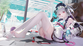 1girl ass bare_shoulders blue_gloves blush detached_sleeves dress garter_straps gloves indoors long_hair looking_at_viewer maid_headdress no_shoes omone_hokoma_agm open_mouth original panties red_eyes sitting solo thighhighs two_side_up underwear white_dress white_hair white_panties white_thighhighs