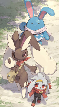:3 animal_ears animal_focus azumarill bag bandana brown_bag closed_eyes closed_mouth commentary_request day dirt full_body gen_2_pokemon gen_4_pokemon gen_8_pokemon grass highres looking_at_another lopunny makoto_ikemu nintendo no_humans one_eye_closed open_mouth outdoors pokemon pokemon_(creature) rabbit rabbit_ears raboot red_bandana red_eyes shadow shoulder_bag smile standing teeth upper_teeth_only