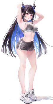 1girl absurdres armpits arms_behind_head arms_up asymmetrical_horns black_hair black_shorts blue_hair breasts colored_inner_hair commentary dolphin_shorts flower full_body grey_sports_bra hazuki_yuzuru highres hololive hololive_english horn_flower horns large_breasts long_hair looking_at_viewer midriff multicolored_hair navel nerissa_ravencroft open_mouth purple_eyes shoes short_shorts shorts sideboob sidelocks simple_background sneakers solo sports_bra uneven_horns very_long_hair virtual_youtuber white_background white_shoes