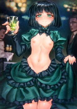1girl 2boys absinthe absurdres alcohol black_hair blurry blurry_background blush bob_cut bow bowtie breastless_clothes breasts breasts_out business_suit clothes_lift clothing_cutout collarbone commission cup dress drinking_glass evening_gown exhibitionism formal_clothes frilled_dress frilled_skirt frills green_eyes highres holding holding_glass huge_filesize loli looking_at_viewer medium_hair midriff multiple_boys narrow_waist navel nipples oh_you_udon original party people petite presenting public_indecency revealing_clothes reverse_outfit skeb_commission skirt skirt_lift slender small_breasts smile solo_focus standing suit waiter wine wine_glass