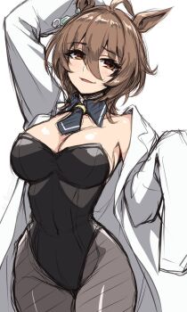 1girl adapted_costume agnes_tachyon_(tach-nology)_(umamusume) agnes_tachyon_(umamusume) animal_ears black_leotard breasts brown_eyes brown_hair cleavage cowboy_shot fishnet_pantyhose fishnets grey_pantyhose hair_between_eyes highres horse_ears horse_girl lab_coat leotard looking_at_viewer medium_breasts pantyhose pataneet simple_background sleeves_past_fingers sleeves_past_wrists solo strapless strapless_leotard umamusume white_background