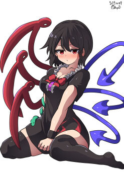 1girl absurdres black_dress black_hair blush breasts chups cleavage dress highres houjuu_nue red_eyes red_ribbon ribbon short_hair short_sleeves signature sitting solo thighhighs touhou white_background wings