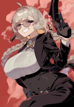 1girl ahoge belt black_eyes black_gloves black_jacket black_pants black_vest braid break_action breasts brown_belt casing_ejection cigar collared_shirt commission cowboy_shot double-barreled_shotgun empty_eyes furrowed_brow glint gloves grey_hair gun hair_intakes half_gloves highres holding holding_gun holding_weapon huge_breasts jacket kizuna_akari long_hair looking_at_viewer mafia pants red_background ribbed_shirt round_eyewear sharp_teeth shell_casing shirt shotgun shotgun_shell simple_background skeb_commission smile smoke smoke_trail solo suit_jacket sunglasses sweater teeth tinted_eyewear toriniku29 trigger_discipline twin_braids vest vocaloid voiceroid weapon white_shirt white_sweater