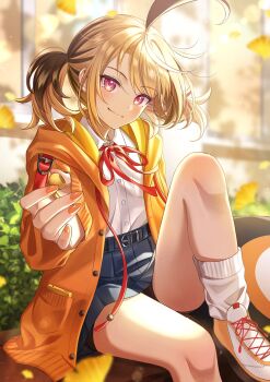 1girl ahoge alternate_costume belt bike_shorts bike_shorts_under_skirt black_belt black_shorts blue_skirt blurry blurry_background brown_hair closed_mouth collared_shirt commentary english_commentary falling_petals gigi_murin highres hololive hololive_english hood hooded_jacket huge_ahoge incoming_earphone jacket knee_up looking_at_viewer loose_socks miniskirt multicolored_hair nail_polish neck_ribbon orange_nails outdoors petals pink_eyes red_ribbon redpepperoni00 ribbon school_uniform shirt shirt_tucked_in shoes short_shorts short_twintails shorts skirt smile socks solo tail twintails two-tone_hair virtual_youtuber white_shirt white_shoes white_socks yellow_jacket