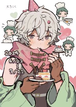 1boy 1other bare_shoulders black_shirt blush brown_gloves buckle cake cake_slice chibi chibi_inset confetti detached_collar eating fingerless_gloves food fork gloves gnosia green_eyes green_hair green_sleeves hair_between_eyes happy_birthday heart highres holding holding_fork holding_plate long_sleeves male_focus messy_hair plate purple_eyes raqio remnan_(gnosia) shirt single_tear sleeveless sleeveless_shirt solo_focus surround_sara_udon white_background white_hair