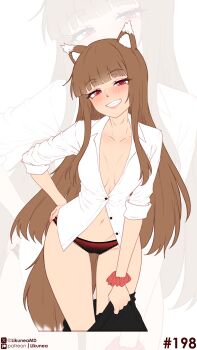 1girl absurdres animal_ears black_shoes black_skirt blush brown_hair clothes_pull commentary dress_shirt english_commentary fang gyaru highres holo lace lace-trimmed_panties lace_trim likunea long_hair open_clothes open_shirt panties patreon_logo patreon_username red_eyes red_panties scrunchie shirt shoes simple_background skirt skirt_pull solo spice_and_wolf standing tail teasing thighs twitter_username twitter_x_logo underwear white_shirt wolf_ears wolf_girl wolf_tail zoom_layer