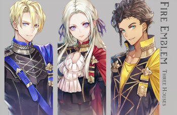 1girl 2boys belt blonde_hair blue_eyes braid brown_hair claude_von_riegan collarbone column_lineup copyright_name dimitri_alexandre_blaiddyd edelgard_von_hresvelg eyelashes fire_emblem fire_emblem:_three_houses garreg_mach_monastery_uniform hair_ribbon long_hair looking_at_viewer multiple_boys nintendo purple_eyes purple_ribbon ribbon senano-yu shirt yellow_shirt