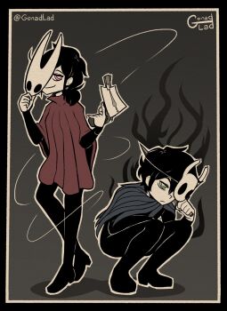 1boy 1girl andrew_graves artist_name ashley_graves back-to-back black_bodysuit black_boots black_border black_hair bodysuit boots border bright_pupils brother_and_sister capelet cloak closed_mouth commentary cosplay dagger double-parted_bangs english_commentary frown full_body glad_(gonadlad) green_eyes grey_background grey_capelet gun hair_between_eyes highres holding holding_dagger holding_gun holding_knife holding_mask holding_weapon hollow_knight hollow_knight:_silksong horned_mask hornet_(hollow_knight) hornet_(hollow_knight)_(cosplay) knees_apart_feet_together knife knight_(hollow_knight) knight_(hollow_knight)_(cosplay) long_sleeves low_ponytail mask medium_hair nemlei_(style) one_eye_covered pink_eyes ponytail red_cloak short_hair siblings simple_background smile squatting standing tendril the_coffin_of_andy_and_leyley twitter_username very_short_hair weapon white_mask white_pupils