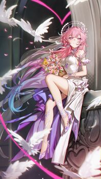 1girl absurdres armlet bare_shoulders bird blue_hair bouquet breasts chromatic_aberration closed_mouth commentary cyrene_(honkai:_star_rail) cyrene_(ripples_of_past_reverie)_(honkai:_star_rail) dress earrings flower full_body gradient_hair halo high_heels highres holding holding_bouquet honkai:_star_rail honkai_(series) jewelry large_breasts looking_to_the_side multicolored_hair pink_hair pointy_ears purple_eyes purple_shoes rhtkd shoes single_earring sitting smile solo symbol-only_commentary white_bird white_dress