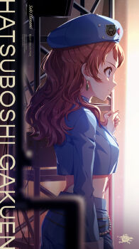 1girl absurdres album_cover blue_eyes boom_boom_pow_(idolmaster) cover earrings english_text gakuen_idolmaster hanami_saki hat highres idol_clothes idolmaster jewelry official_art profile red_hair solo