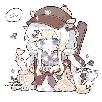 1girl bandaid bandaid_on_cheek bandaid_on_face bird blue_eyes blush_stickers brown_cardigan brown_hat brown_neckerchief cardigan closed_mouth commission cropped_torso double-parted_bangs hand_up hat highres long_hair long_sleeves neckerchief open_cardigan open_clothes original sailor_collar scarf shirt simple_background solo watermark white_background white_hair white_sailor_collar white_scarf white_shirt zhixiao