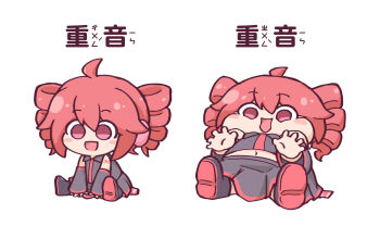 1girl :d ahoge aj4n3_a4 bare_shoulders blush_stickers chibi chinese_commentary chinese_text detached_sleeves drill_hair fat fat_woman hands_on_ground highres kasane_teto navel no_nose open_mouth red_eyes red_hair skirt smile spread_legs utau weight_gain white_background