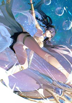 1girl absurdres ahoge armlet bare_shoulders barefoot black_skirt blue_eyes blue_hair breasts chromatic_aberration fried_frog from_below gold_bra hair_belt highres iuno_(wuthering_waves) jewelry laurel_crown leg_wrap long_hair looking_down medium_breasts missing_commentary outstretched_arm parted_lips skirt sky smile solo thighs twintails upskirt vambraces very_long_hair wuthering_waves