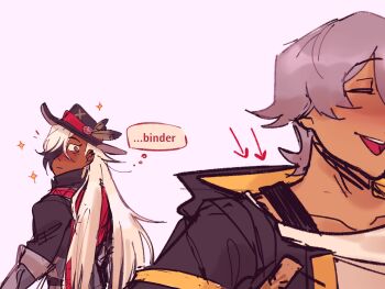 Rule 34 | 2boys, absurdres, alternate skin color, black hat, black jacket, boothill (honkai: star rail), caelus (honkai: star rail), chest binder, closed eyes, colored tips, cowboy, cowboy western, dark-skinned male, dark skin, ear piercing, earrings, english text, gender transitioning, grey hair, hair over one eye, happy, hat, hat feather, highres, honkai: star rail, honkai (series), jacket, jewelry, long hair, male focus, multicolored hair, multiple boys, open mouth, parted hair, piercing, short hair, simple background, sparkle, speech bubble, thought bubble, trailblazer (honkai: star rail), turrondeluxe, very long hair, western, white background, white hair