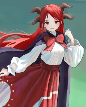 1girl absurdres cape commentary_request funengliang_(naidesu) gradient_background green_background highres horns long_hair looking_at_viewer multiple_horns parted_lips purple_cape red_eyes red_hair red_skirt shingyoku_(touhou) shirt skirt smile solo touhou touhou_(pc-98) white_shirt