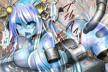 1girl ahegao anal arched_back ass blue_eyes blue_hair breasts chain collar collarbone double_penetration female_focus fucked_silly hair_ornament large_breasts long_hair lying machine matching_hair/eyes monster monster_girl multiple_penetration nipples nude on_stomach open_mouth original rape rolling_eyes saliva sangyou_haikibutsu_(turnamoonright) slime_girl solo tears text_focus tongue tongue_out trembling vaginal