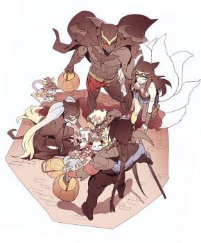 2boys 2girls ahri_(league_of_legends) alternate_costume amumu animal_ears batman batman_(cosplay) black_cape black_gloves black_hair black_headwear blue_hair blush braid breasts candy cape catwoman catwoman_(cosplay) cleavage closed_eyes cosplay elbow_gloves facial_mark fizz_(league_of_legends) food fox_ears fox_girl glasses gloves harry_potter harry_potter_(cosplay) hat holding holding_scythe infernal_amumu kayn_(league_of_legends) kennen league_of_legends little_demon_tristana little_devil_teemo long_hair mask medium_breasts multiple_boys multiple_girls multiple_tails muscular muscular_male on_ground scarf scythe shadow simple_background single_braid smile sona_(league_of_legends) standing sweatdrop tail teemo tristana tristana_(league_of_legends) whisker_markings white_background witch_hat wonder_woman wonder_woman_(cosplay) yellow_eyes yordle yuumi_(league_of_legends) zaket07 zed_(league_of_legends)