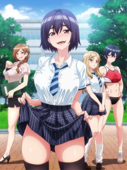 4girls absurdres artist_request black_buruma black_footwear black_hair black_skirt black_thighhighs blonde_hair blue_necktie blue_skirt blue_sky bob_cut braid breasts brick_floor brown_eyes brown_footwear brown_hair building buruma clothes_lift cloud collared_shirt cowboy_shot day diagonal-striped_clothes diagonal-striped_necktie dress_shirt from_side full_body gluteal_fold grass groin gym_uniform hair_ornament hair_over_shoulder hairclip hands_on_own_hips high_heels highres himeno_akari_(modaete_yo_adam-kun) id_card key_visual kokonoe_aki_(modaete_yo_adam-kun) kurumizawa_yue_(modaete_yo_adam-kun) lanyard large_breasts lifting_own_clothes loafers long_hair looking_at_viewer looking_to_the_side loose_socks modaete_yo_adam-kun multiple_girls naughty_face necktie official_art open_mouth outdoors own_hands_together pencil_skirt pleated_skirt promotional_art purple_hair raised_eyebrows red_eyes red_sports_bra school school_uniform shadow shiina_kaede_(modaete_yo_adam-kun) shirt shoes short_hair single_braid skindentation skirt skirt_hold skirt_lift sky smile sneakers socks sports_bra striped_clothes teasing thigh_gap thighhighs tight_clothes tight_shirt track_uniform tree two-tone_sports_bra v_arms very_short_hair white_footwear white_shirt white_socks white_sports_bra yellow_eyes zettai_ryouiki